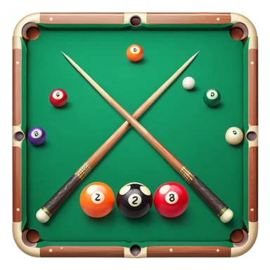Two crossed pool cues resting on a billiard table, with colorful billiard balls scattered across the surface. The background features the felt of the table, creating an inviting atmosphere for a game of precision and strategy sticker