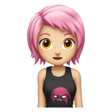 anime girl in sportswear, a tank top, pink hair and fangs like a vampire, but small sticker