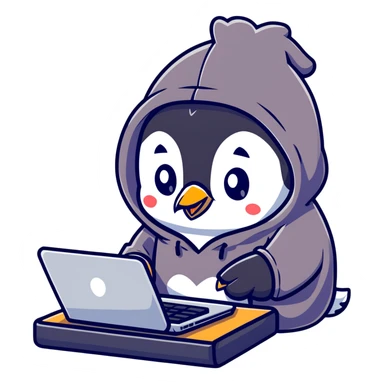 A cute penguin wearing a cozy hoodie typing on a computer keyboard sticker