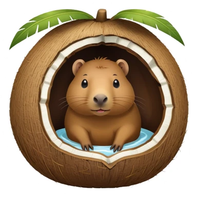 Small capybara inside a hollowed coconut, using it as a cozy home sticker