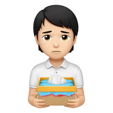 generate a pretty bratz boy with long black hair, wearing a white polo shirt. Looking sad, holding a box of tissues sticker