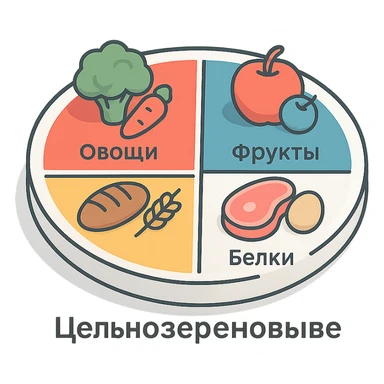 Harvard Healthy Eating Plate divided into 4 sectors labeled in Russian: 'Овощи', 'Фрукты', 'Цельнозерновые', 'Белки', bright but soft colors, clean lines, modern infographic, transparent background sticker