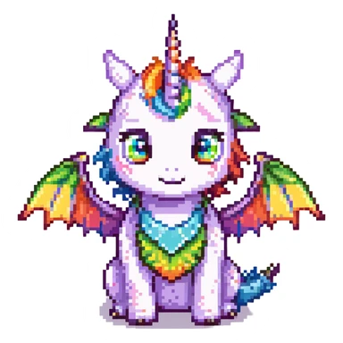 cute dragon with big eyes, rainbow wings, and unicorn horn, simple background sticker