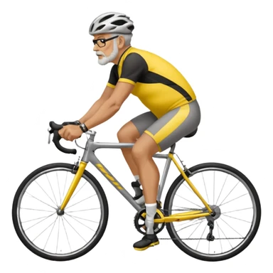 emoji of a 60-year-old man, about 200 lbs, no beard, no eyeglasses, in loose cycling clothes, yellow and black top, straddling a grey road bike, graphic design, adding a background of a road in a neighborhood or highway sticker