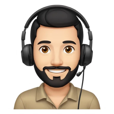 Happy smiling man with black hair, brown eyes, black beard wearing a gaming headset sticker