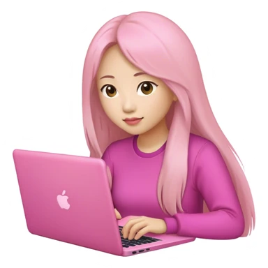 Long hair asian woman working on pink laptop sticker