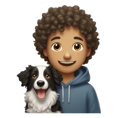 A happy curly-haired boy in a sweatshirt holds a border collie sticker