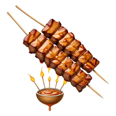 Cinematic Realistic Satay Dish Emoji, depicted as skewered, marinated meat grilled to perfection rendered with rich, smoky textures and dynamic, appetizing lighting. sticker