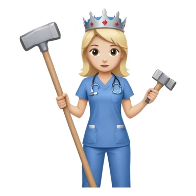 blond nurse girl wearing scrubs with a crown and a sledge hammer sticker