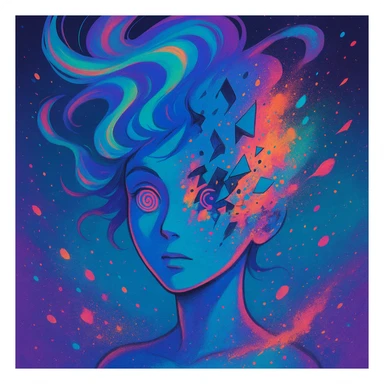 surreal portrait, neon skin, dissolving face with airbrush color explosion, hair as liquid color swirls like aurora, spiral eyes, geometric shapes breaking through face, paint spray effect, acid purple, turquoise, electric pink, smooth blending, dynamic movement sticker