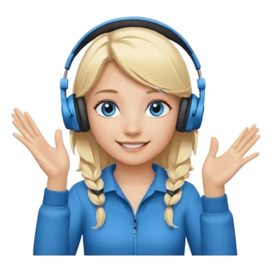 girl with blonde hair and blue eys, having on ears heaphones, with heands telling what  sticker