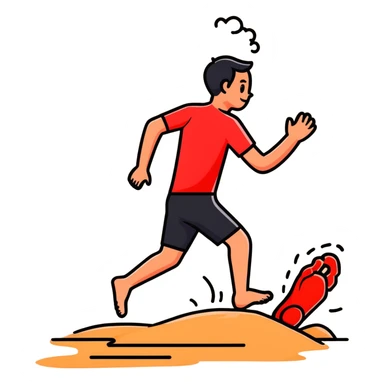 person hopping on hot beach sand with red pain marks on foot and steam rising from the sand sticker