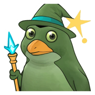 A penguin wizard with a pointy hat and a magic wand sticker