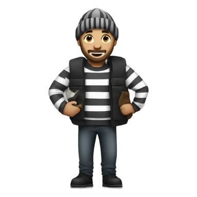 Robber with  a grey beanie, a beard and wore a black and white striped shirt carrying a money bag over shold sticker