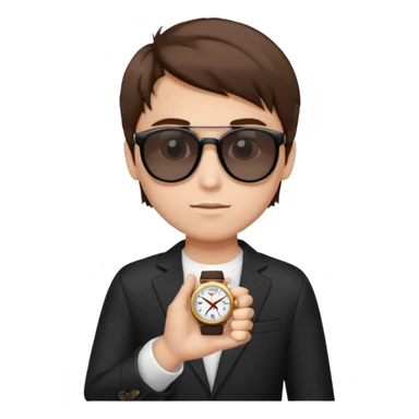 Un niño con pelo lacio color castaño,con lentes de sol negros y un reloj en la mano sticker