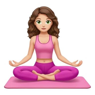 White, green-eyed, brunette cute feminine lady emoji with wavy hair doing pilates wearing pink pilates fit sticker