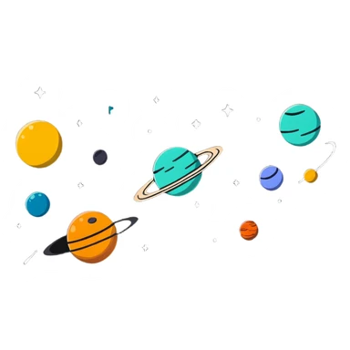 Bright planets and stars floating, white background, high saturation, colorful sticker