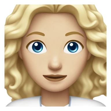 Blonde woman, blue eyes, wavy hair, middle part, white sticker