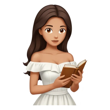 Beautiful woman in 1950’s woman fashion look, off-shoulder white dress, long dark brown hair, reading  sticker