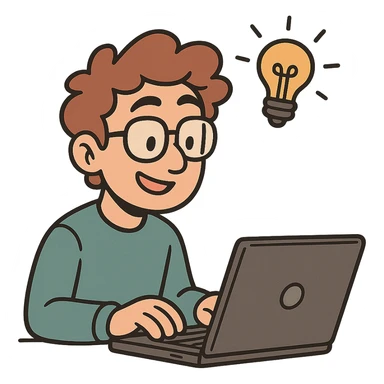 a smart coder, working on a laptop, with a lightbulb above their head, playful cartoon style sticker