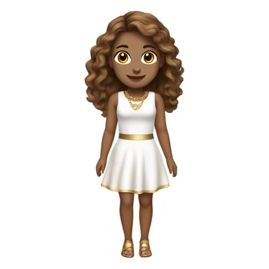 do a white but not too white girl with brown hair and highlights brown eyes and gold jewelry, full body, legs arms and a white short dress sticker
