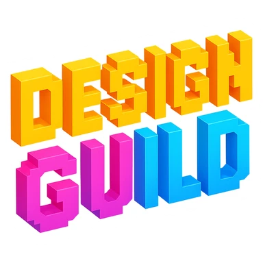 'DESIGN GUILD' in voxel letters, 3D blocky look, vibrant colors sticker
