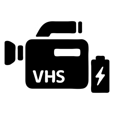 A Sony VHS video camera in a black filled icon style, with a battery. sticker