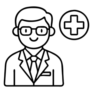 Add glasses to the friendly pharmacist with health symbols, no background. sticker