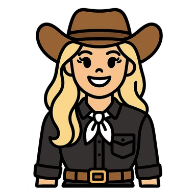 Make the cowgirl's skin lighter, hair lighter blonde, give her rounder cheeks, a big smile, longer eyelashes, and a black lace shirt. Keep the background transparent. sticker
