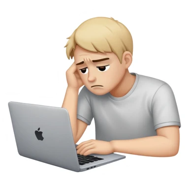 Create an emoji of a tired person sitting at a laptop, looking exhausted and frustrated. They have slouched posture, representing overwork and burnout. sticker