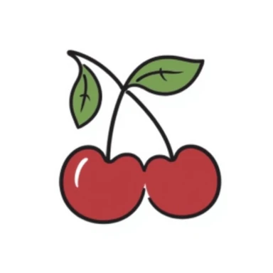 Hand-drawn pair of cherries with stem and leaves sticker