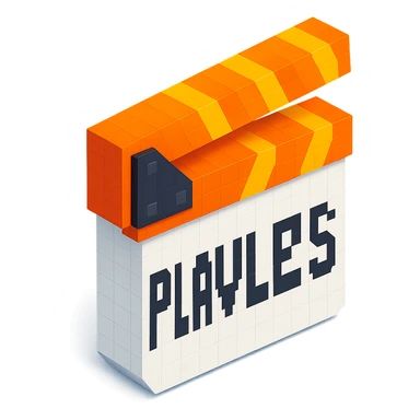 voxel style movie clapperboard with the text 'PLAVLEYS', orange lid, white body, isometric view sticker