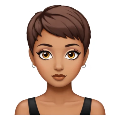 pixie cut, brown hair baddie,pretty, brown eyes, makeup, black eyeliner, long hair sticker