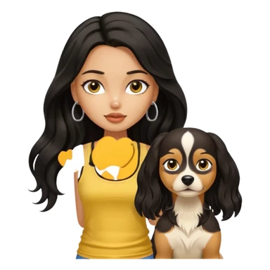 tan pretty bratz girl with long wavy black hair, wearing a yellow tank top with a dog sticker
