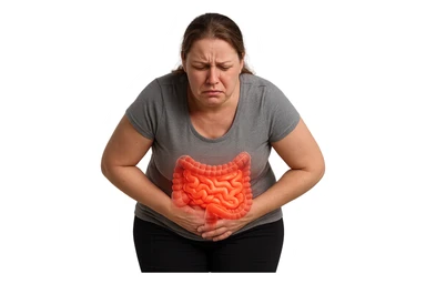 DONNA LEGGERMENTE SOVRAPPESO PIEGATA IN AVANTI FRONTALMENTE CON INTESTINO ANATOMICO IN EVIDENZA, MAL DI PANCIA iperrealistico 4k sticker