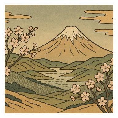 ukiyo-e style illustration of a mountain landscape with cherry blossoms sticker