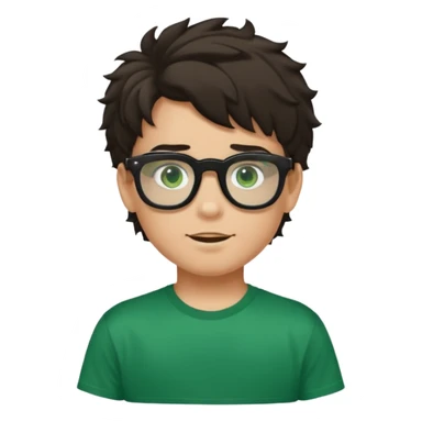 Garçon brun avec des cheveux ondulés courts, peu un peu claire, des yeux verts foncés, un t shirt noir et des lunettes rectangulaires transparentes qui est fou sticker