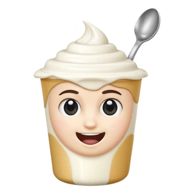 A 3D cartoon yogurt cup with a spoon, creamy white top, Memoji-style rendering. sticker