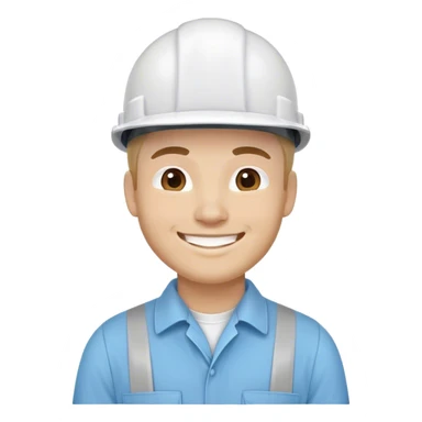 pria karyawan konstruksi mengunakan helmet putih dan berseragam biru langit berlengan panjang dan tersenyum sticker