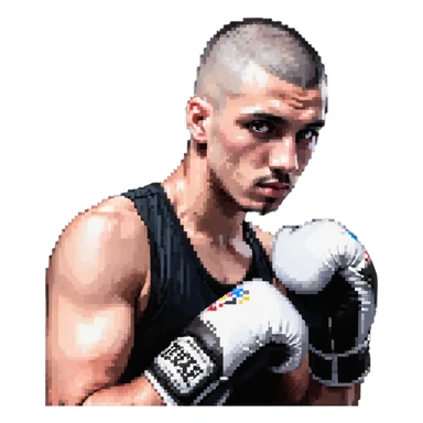 white man with dark hair, dark eyes, buzzcut faded haircut, wearing boxing gloves sticker