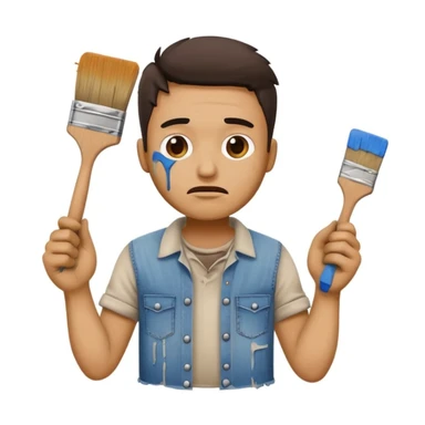 confused house painter emoji wearing torn jeans and stained shirt, holding a broken paintbrush, paint on face and hands, cluttered background sticker