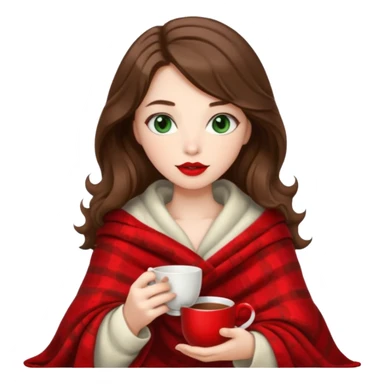 Long wavy brown haired, white skinned, dark green eyed girl with red lipstick wrapped in a blanket, sipping tea and reading a book sticker