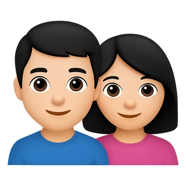 Create an emoji style image showing two kids, a boy and a girl, both with black hair, together in one emoji. The style should resemble typical emoji aesthetics. The background should be removed, leaving only the characters visible. sticker