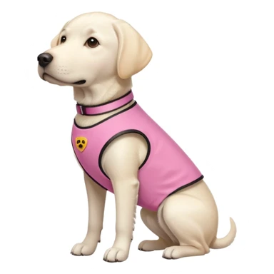 White Labrador service dog with a pink vest sticker