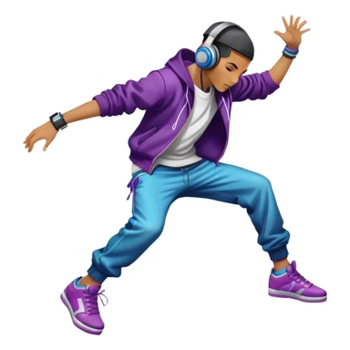 Icon for Street Dance: a dancer in urban streetwear performing a dynamic lower breakdance move, with a spray-painted background, headphones, and a boombox on the asphalt. The icon should capture the energy, style, and creativity of street dance culture. Transparent background. sticker