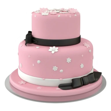Pastel pink shaped birthday cake with black and white bows and flowers sticker
