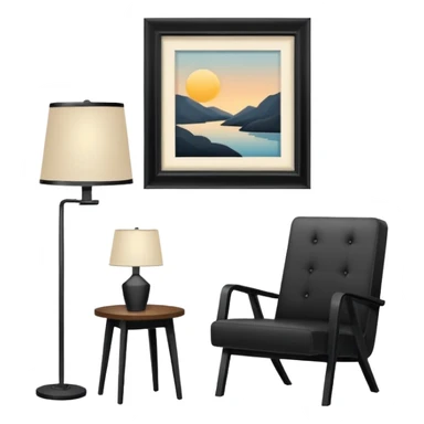 Minimalistic flat vector icon, iOS style, thin black contour on white background. Floor lamp and chair next to a framed picture on wall. Clean, no text, no shadows sticker