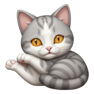 grey and white small cat with its eyes closed lying down with its paw holding up his head sticker
