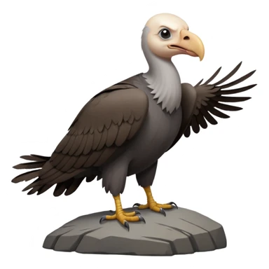 a vulture — large bird with dark brown feathers, bald WHİTE head, curved beak and sharp eyes — standing proudly on a rock — wings slightly open — realistic yet cute cartoon emoji look, clean lighting, soft shadows. sticker