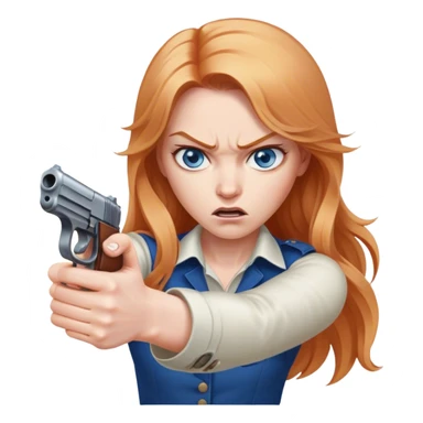 woman with long strawberry blond hair and blue eyes pointing gun and looking mad sticker